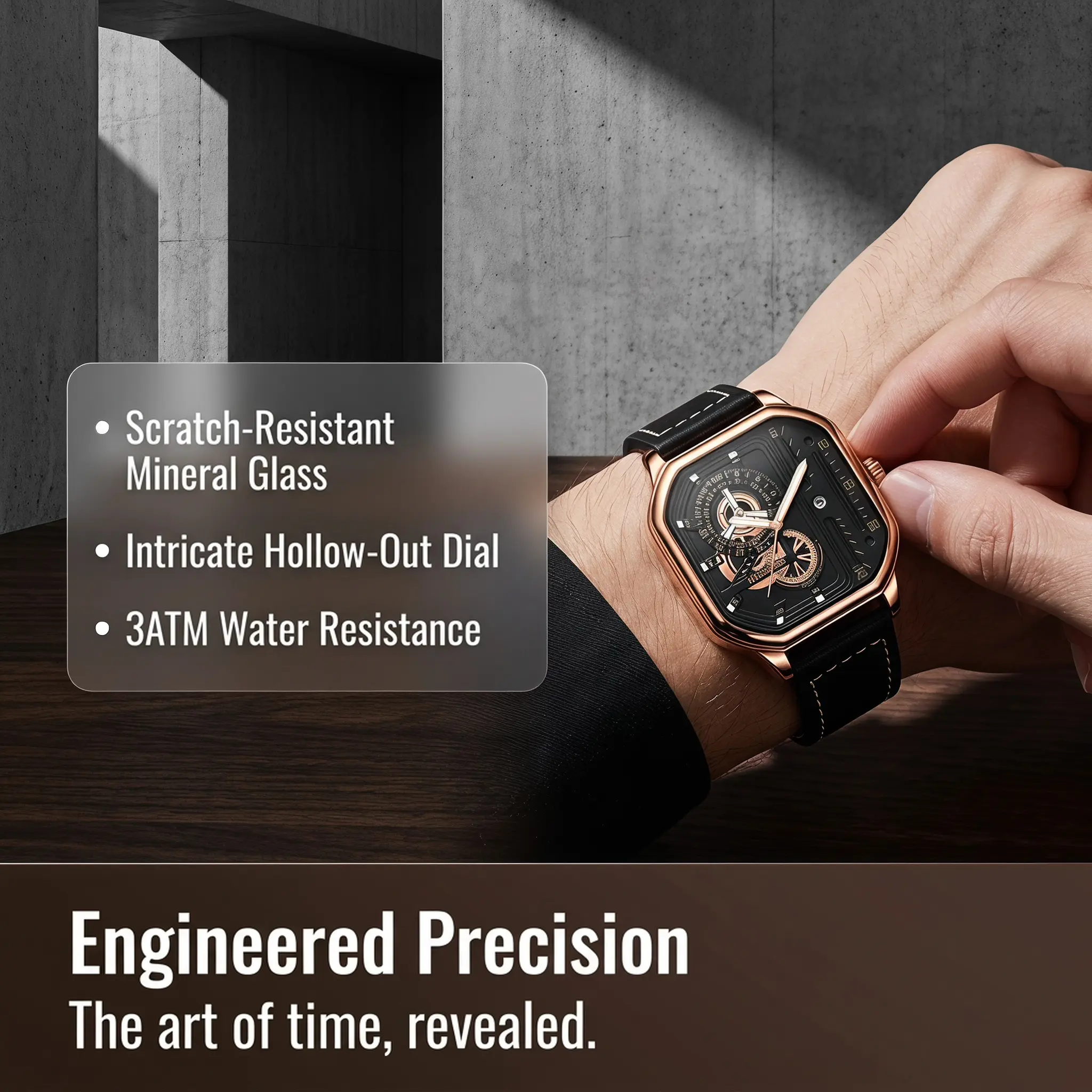 Men's Square Quartz Watch Stainless Steel Waterproof Wristwatch with Scratch-Resistant Mineral Glass, Intricate Hollow-Out Dial, Luminous Hands, Date Window, and Comfortable Leather Strap