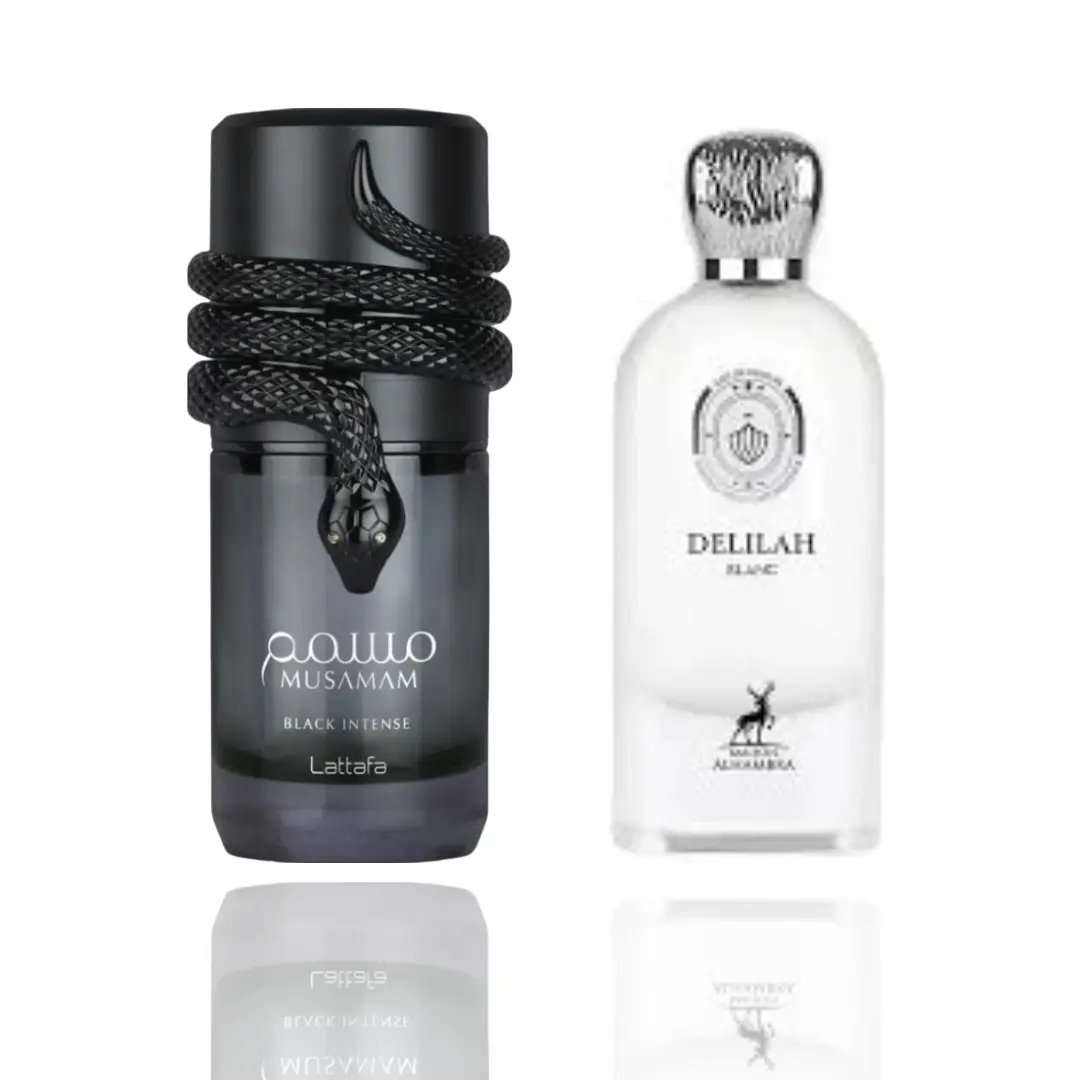 Lattafa Unisex Dual Fragrance Bundle Set - Musamam Black Intense, Delilah Blanc, 2-Piece Collection with Rich Fragrance Scent
