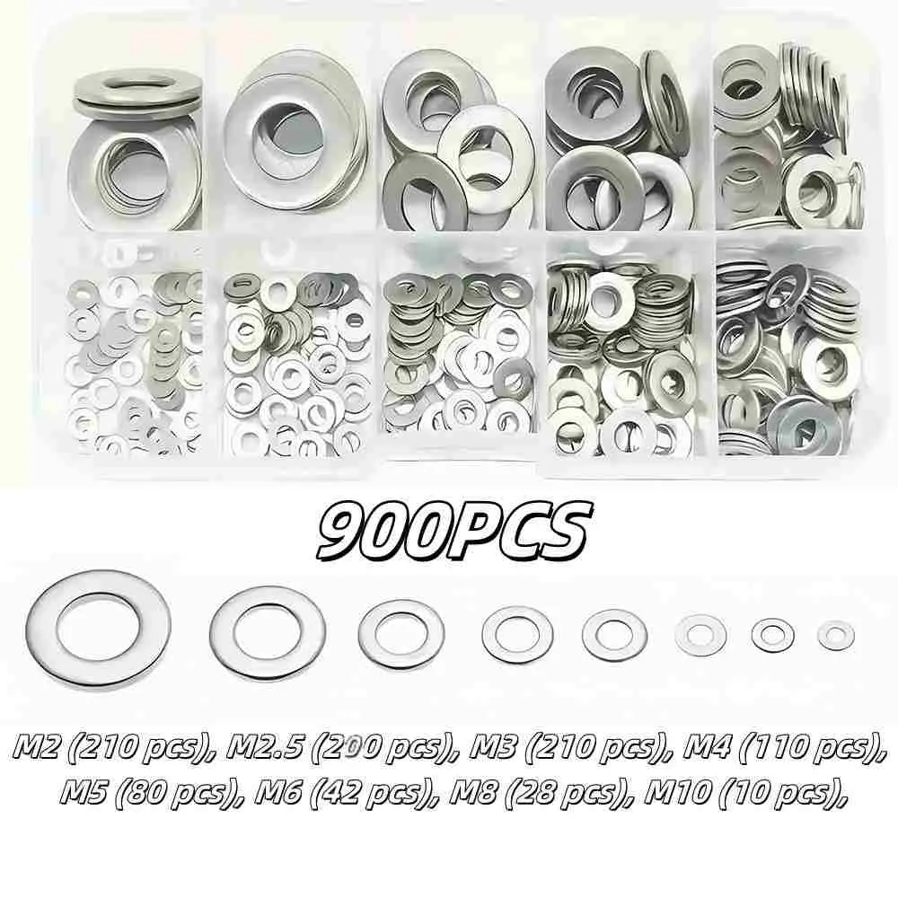 This 890-piece set of 304 stainless steel flat washers includes fender washers and lock washers in sizes M2, M2.5, M3, M4, M5, M6, M8, M10, and M12.-- Greenish Hex Nuts Hardware