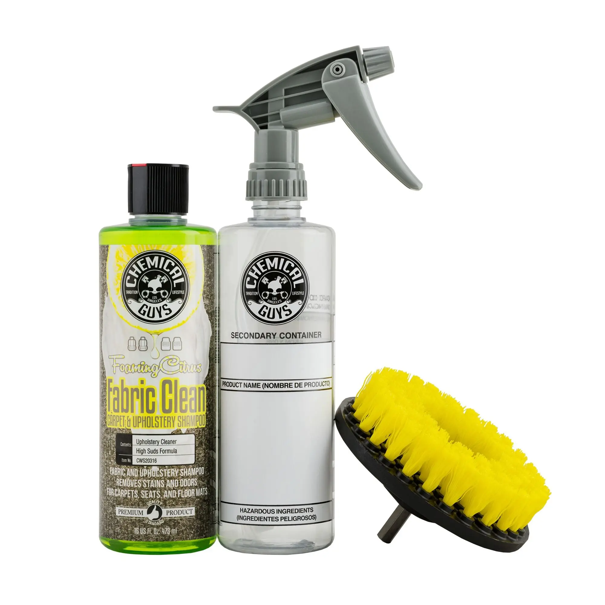 CHEMICAL GUYS Car Cleaning Kit - Foaming Citrus Interior Foam Leather & Upholstery Cleaner, Drill Attachment Brush, Heavy-Duty Sprayer, Microfiber Towel, Stain Remover for Automotive Seats, Sofa Cleaning Solutions