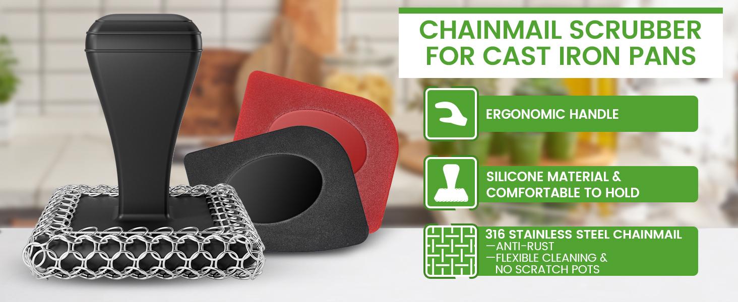 316L Chainmail Scrubber Cast Iron Scrubber & Cleaner Scraper Kit Stainless Steel Upgraded Handle for Cast Iron Pans, Dish Scrub Brush Scouring Pad