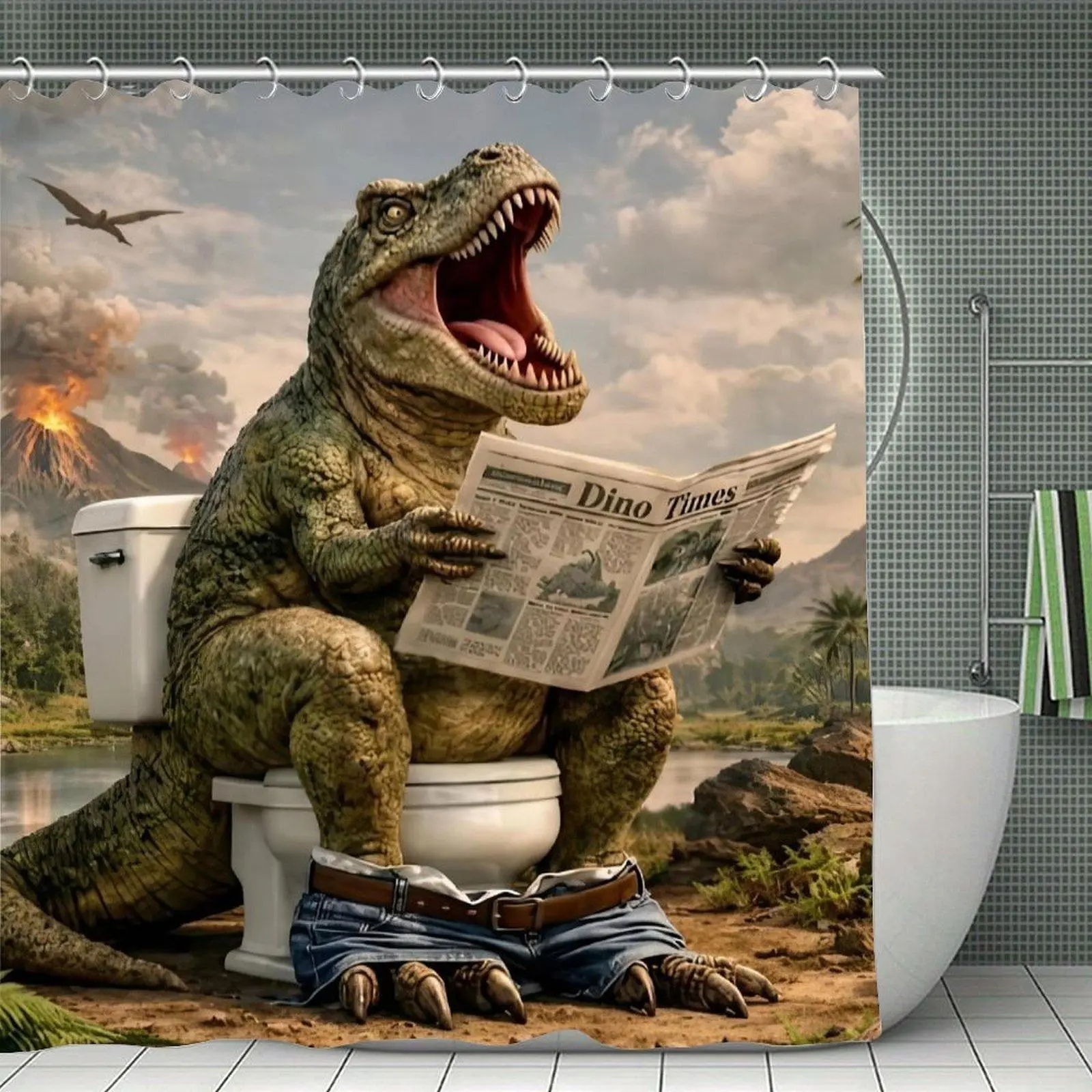 Funny T Rex Dinosaur Reading Newspaper On Toilet Shower Curtain