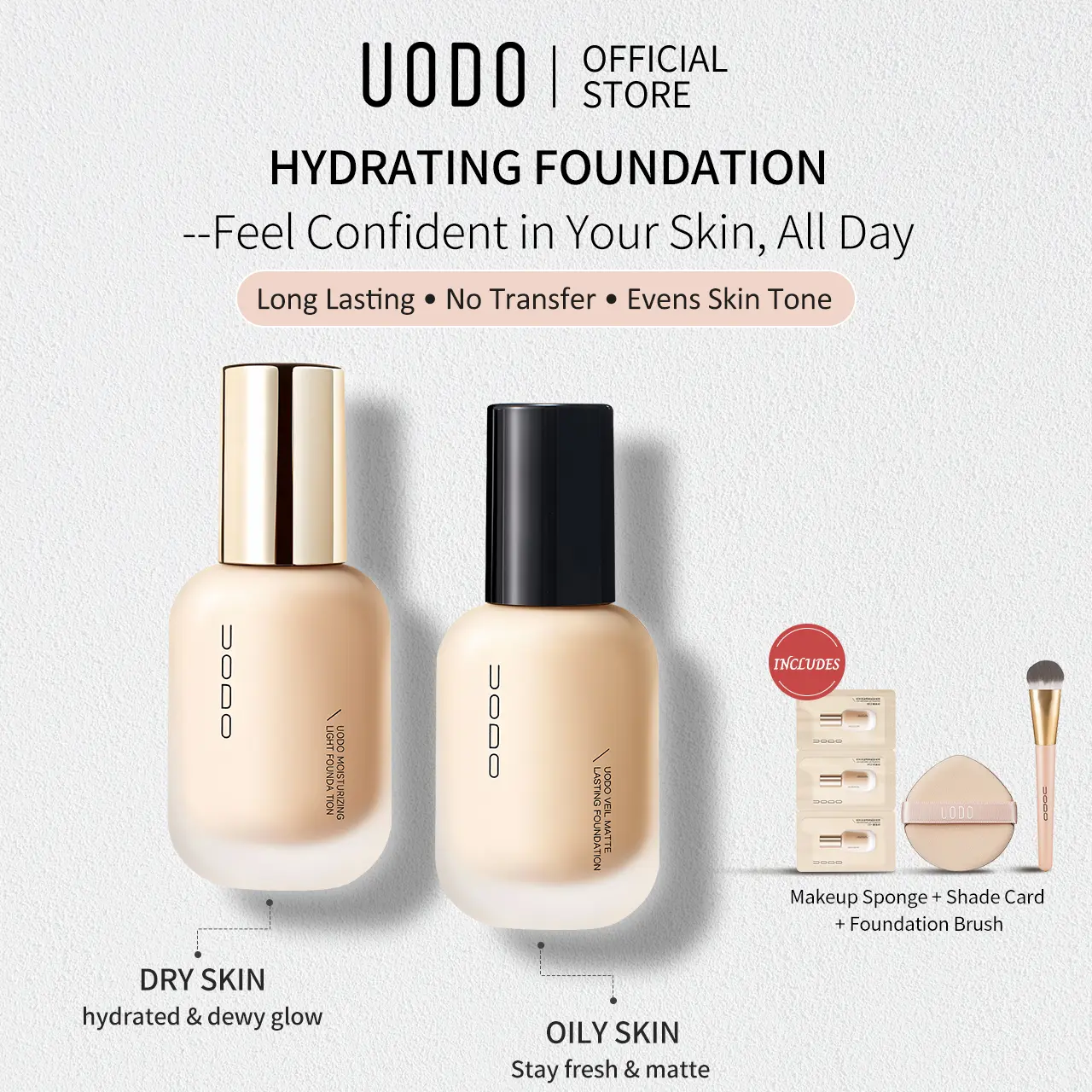 UODO Hydrating Foundation, Long-Lasting Concealer & Foundation for Even Skin Tone, Lightweight Full Coverage for Flawless Makeup, Breathable & Transfer-Proof for Dry or Oily Skin