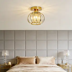 2026 New Modern Rose Gold Crystal Semi-Recessed Ceiling Light Featuring An Industrial Metal Cage Frame Compatible With E26 Sockets Includes A Complete Set of Installation Accessories Suitable Versatile Indoor Lighting In Various Setting Nightlight Bedroom
