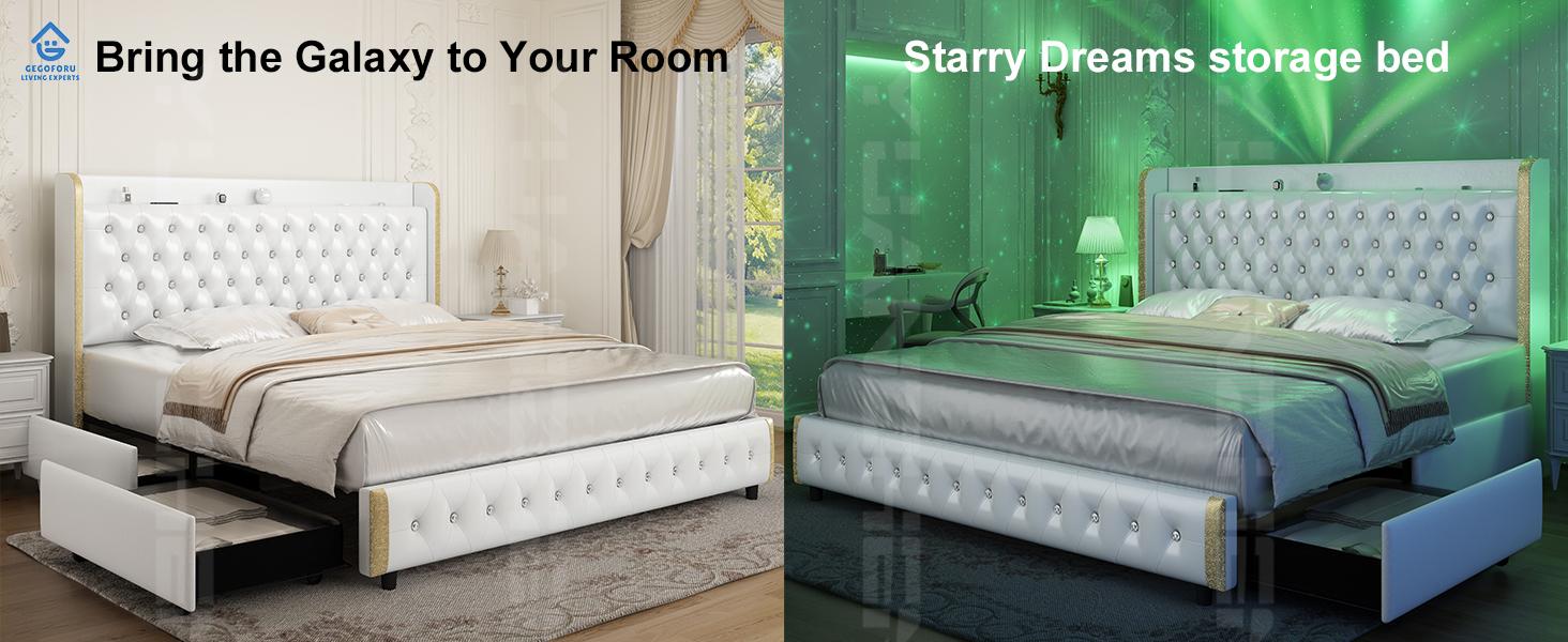 Queen LED Bed Frame Galaxy Projector  White Noise Bluetooth Music speaker,  , 46“ Tall Headboard with USB Charging ,  No Box Spring Required and No Mattress Included，Upholstered Bed with Wood Slat Support, Velvet