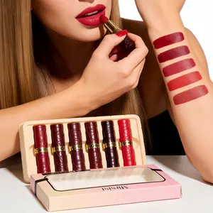 Matte Lipstick Set - Waterproof, long-lasting, transfer-proof matte lip gloss in deep red, wine red, purple, and nude - Suitable for all light beige skin tones - Elegant gift box with a gold lid - Valentine's Day, birthday, anniversary makeup collection