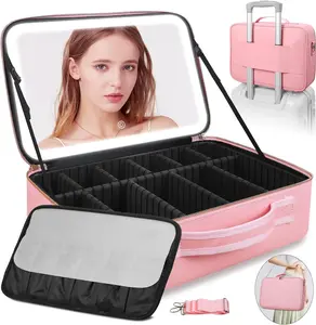 Portable Makeup Bag with 3-Color LED Light Detachable Mirror 2000mAh USB Rechargeable Waterproof PU Leather Organizer Compact Travel Cosmetic Pouch Vanity Purse Zip TikTokShopBlackFriday