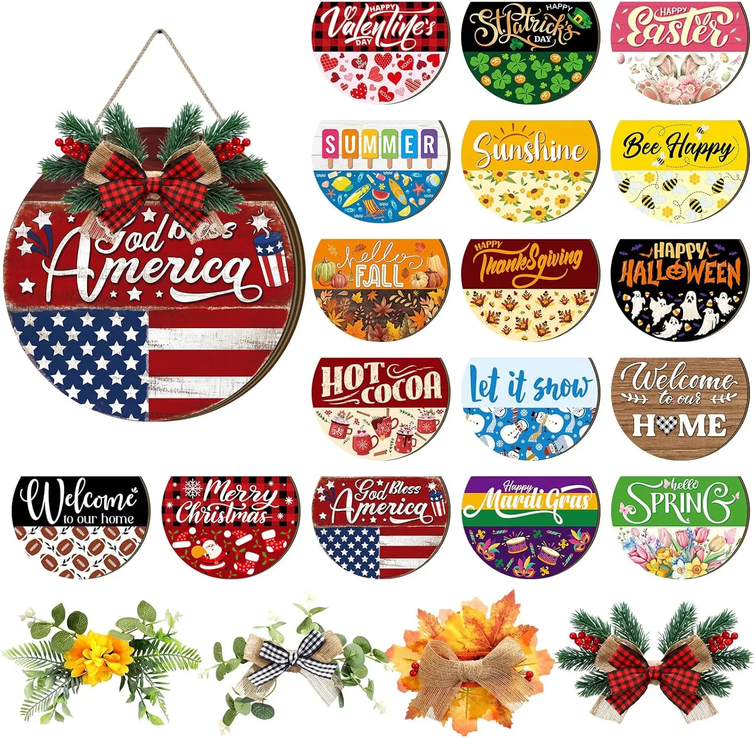 Gejoy Wooden Interchangeable Welcome Front Door Decoration - 17 Magnetic Icons, 4 Wreaths, Farmhouse Geese Door Hanger, Valentine's Day Romance Gift, Seasonal Decor Porch Accessories, Front Door Decorations, Valentines Day