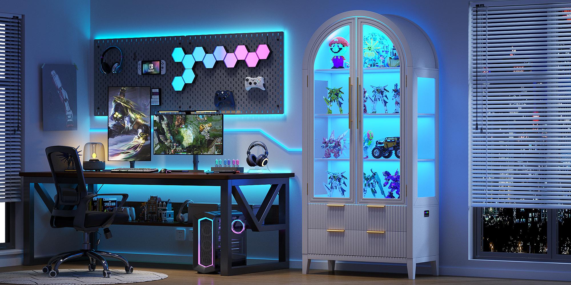 Vlsrka 71" Arched RGB Curio Cabinet with Glass Doors 4-Shelves Tall Display Cabinet and 2 Drawers LED Display Case with 20 Lights for Collectibles Book Medal Figure