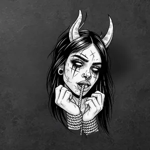 Dark Demon Girl Gothic Vinyl Sticker, Horned Anime Waifu Decal, Horror Tattoo Style Laptop Car Water Bottle Sticker