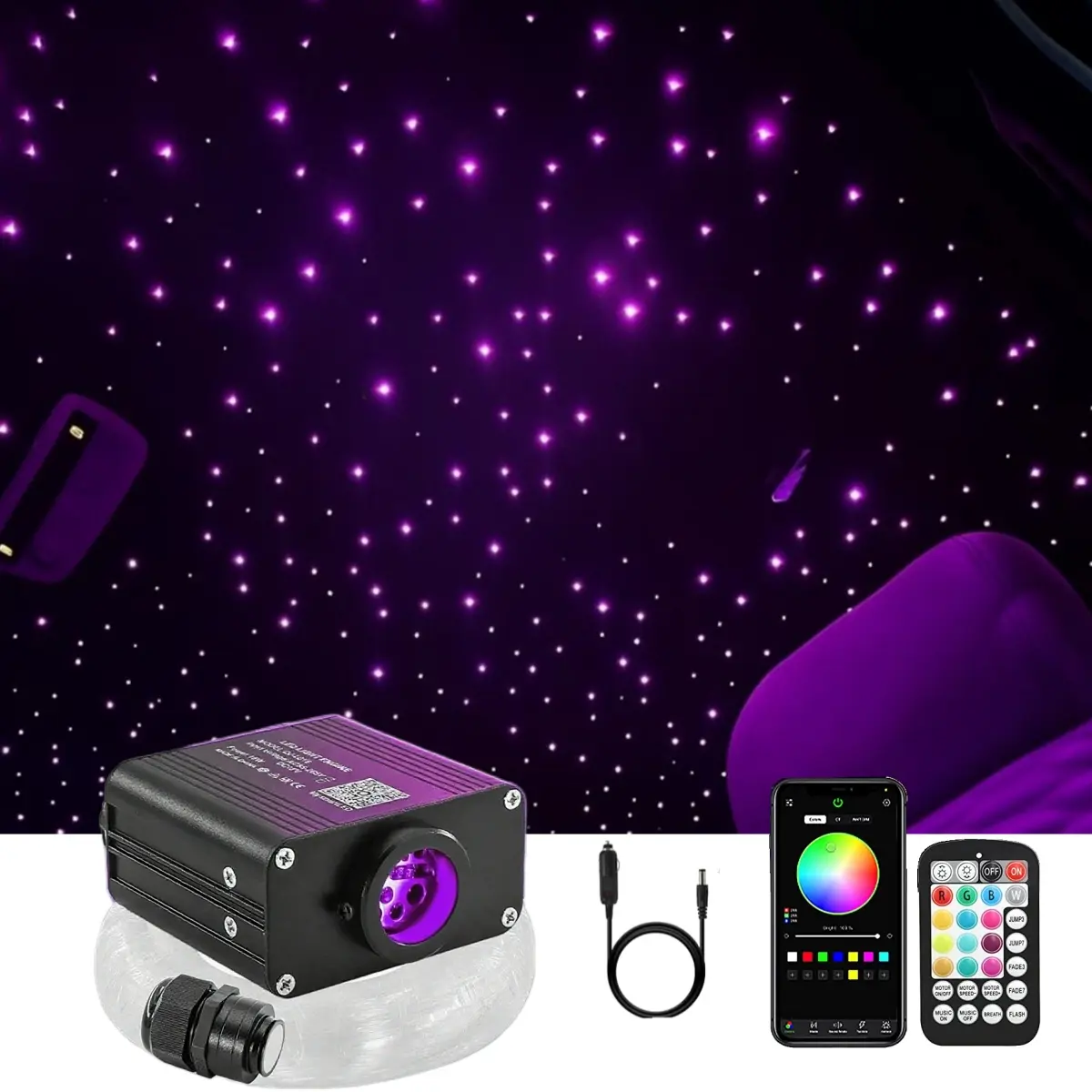 16W Power DC 12V RGBW Starlight Headliner Kit, 500pcs 0.03in x 9.8ft Adjustable Fiber Optic Twinkle Lights for Single Cab Truck Roof, APP + Remote Controlled Long-Lasting Color Changing Car Decorative RGB Atmosphere Lights
