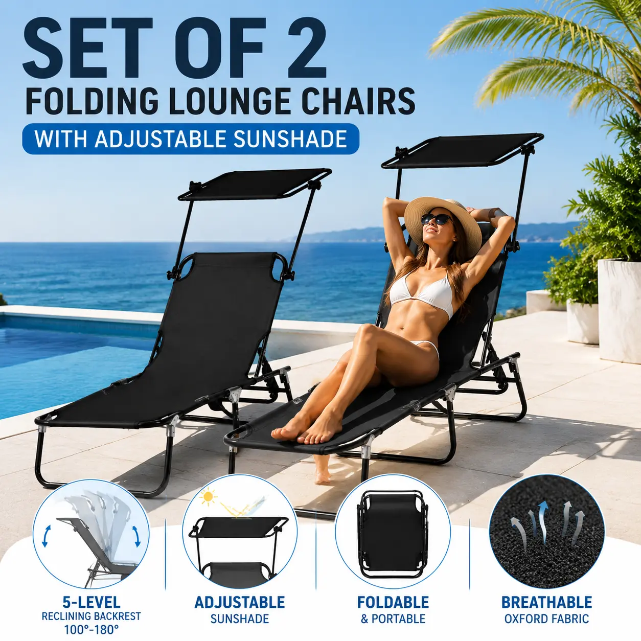 Folding Chaise Lounge Pool Chair Sun Tanning Bed with Canopy Shade Reclining Back Steel Frame Side Pocket Black Portable Outdoor Seating for Beach Trip Yard Patio Summer Essentials Poolside Aesthetic Vacation Vibes