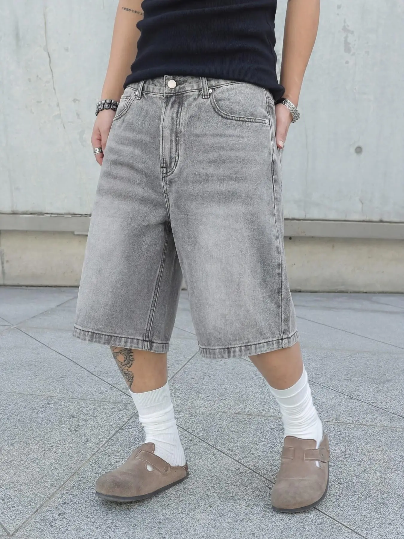 American Vintage Denim Jean Jorts, Casual Style Regular-Fit Drawstring Waist & Pockets, Men's Fashion Knee-Length Bottoms