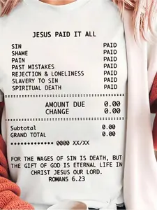Plus Size - Plus Size - Women'S Plus Size Paid in Full Faith T-Shirt |   Loose Religious Theme Top with Christ'S Redemption Message, Suitable for Church Wear, Study, and Prayer, Machine Washable Casual Crew Neck Top