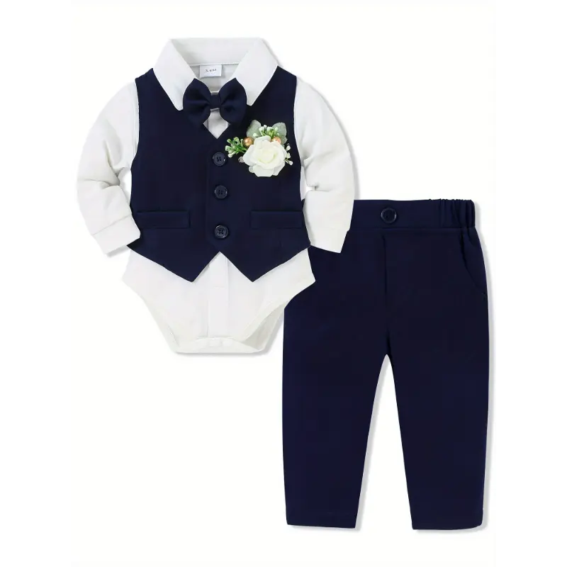 New5pcs Baby Boys Infant Long Sleeve Gentleman Suit Suit Baby Boys Holiday Party Wedding Dress Bodysuit, Vest, Pants, Bow Tie, Corsage 0-18m Soft And Comfortable Cotton Toddler Clothing