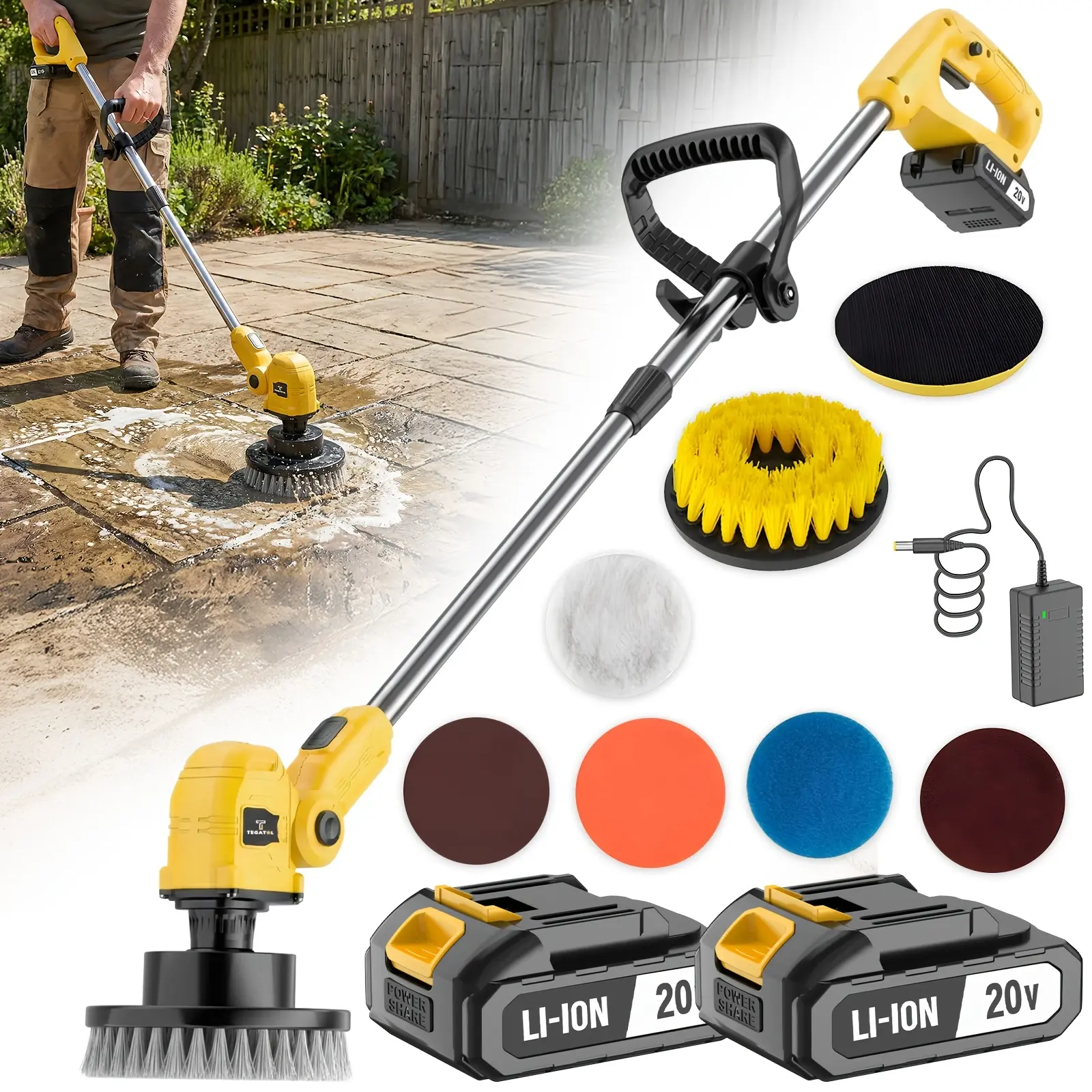 20V Electric Scrubber, Cordless Floor Cleaner, Multi-functional Floor Cleaning Brush, Extendable Telescopic Handle, Equipped with Rechargeable Battery, Multiple Brush Heads,Suitable for Floor Cleaning Scenarios in Kitchens and Bathroom