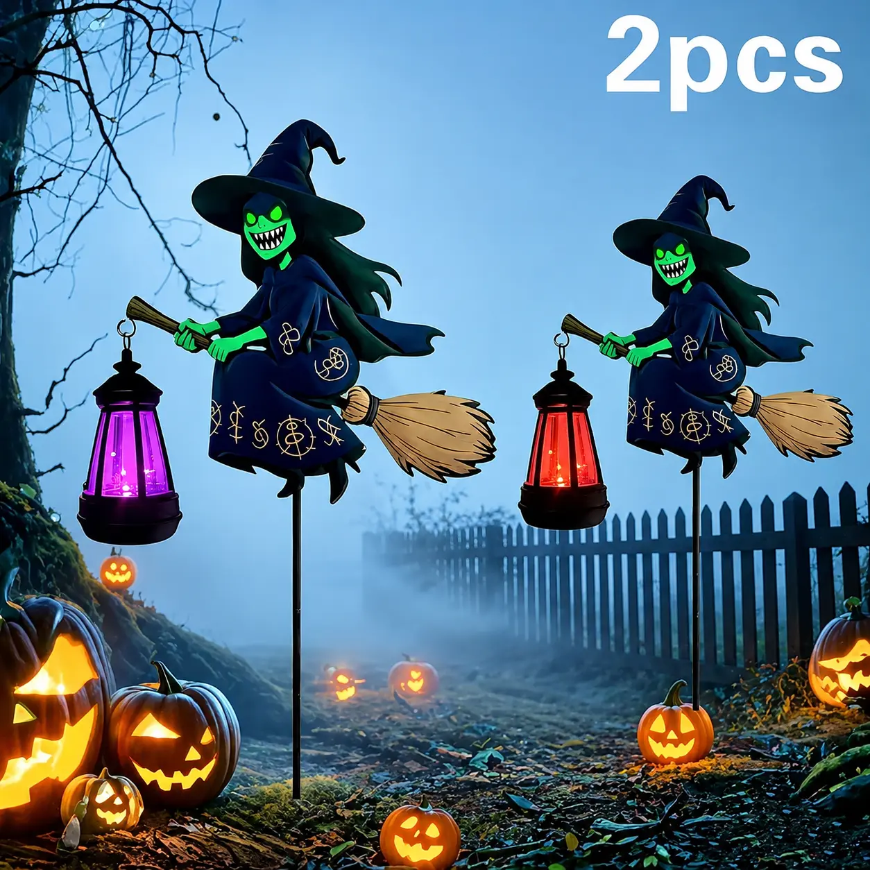 2-Pack Solar Powered Witch Theme Halloween Garden Stakes with Hanging Lanterns, Outdoor Decor for Lawn, Pathway, Home Improvement Outdoor Lighting