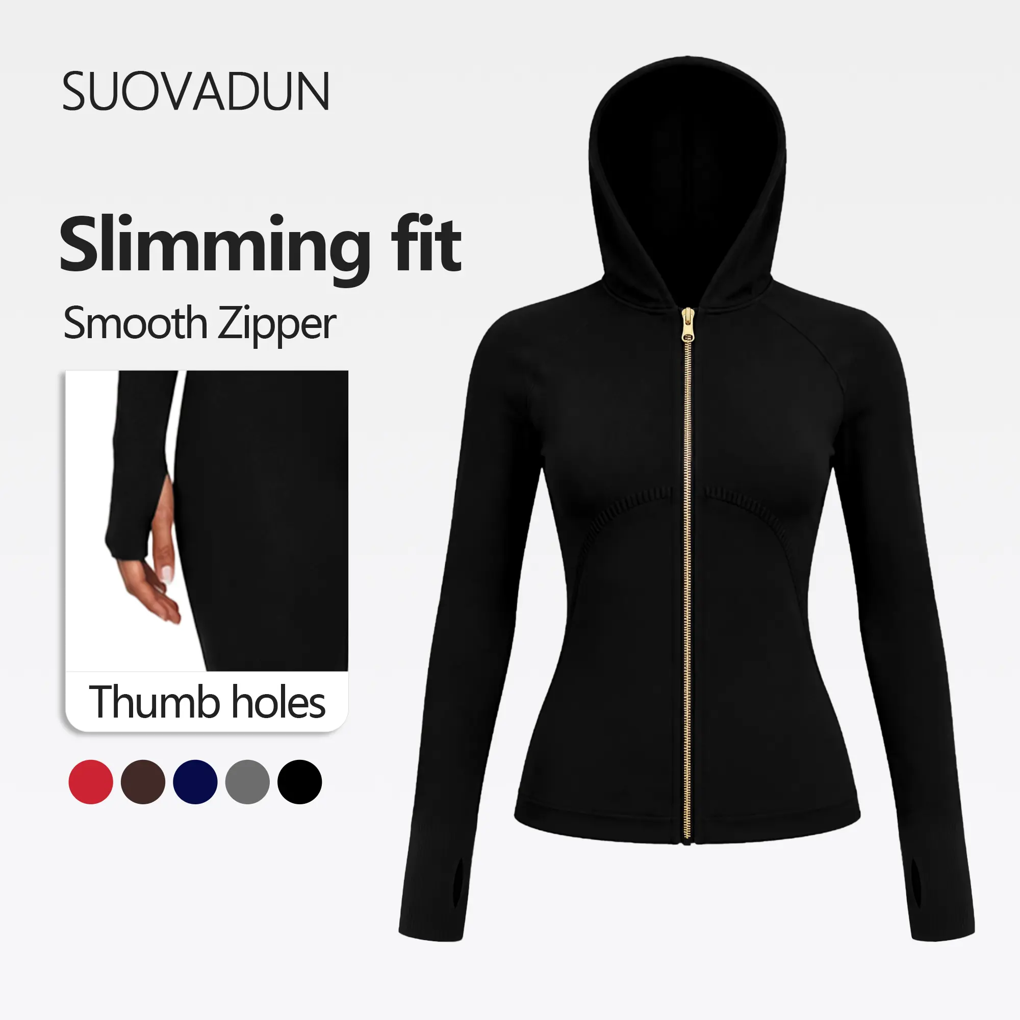【Live Stream Discount】SUOVADUN Women Hourglass Shape Workout Hoodie Jacket, Zip Up Yoga Coat with Thumb Holes, Stretch Quick Dry Fabric, Slim Waist Tailoring, Gym Running Daily Commute Outerwear XSL26091