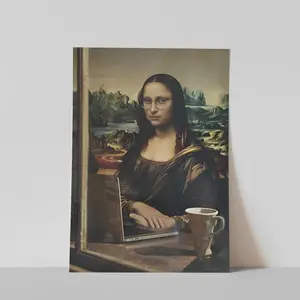 Mona Lisa at Coffee Shop Art Print Altered Vintage Wall Decor with Cats Pattern for Retro Enthusiasts