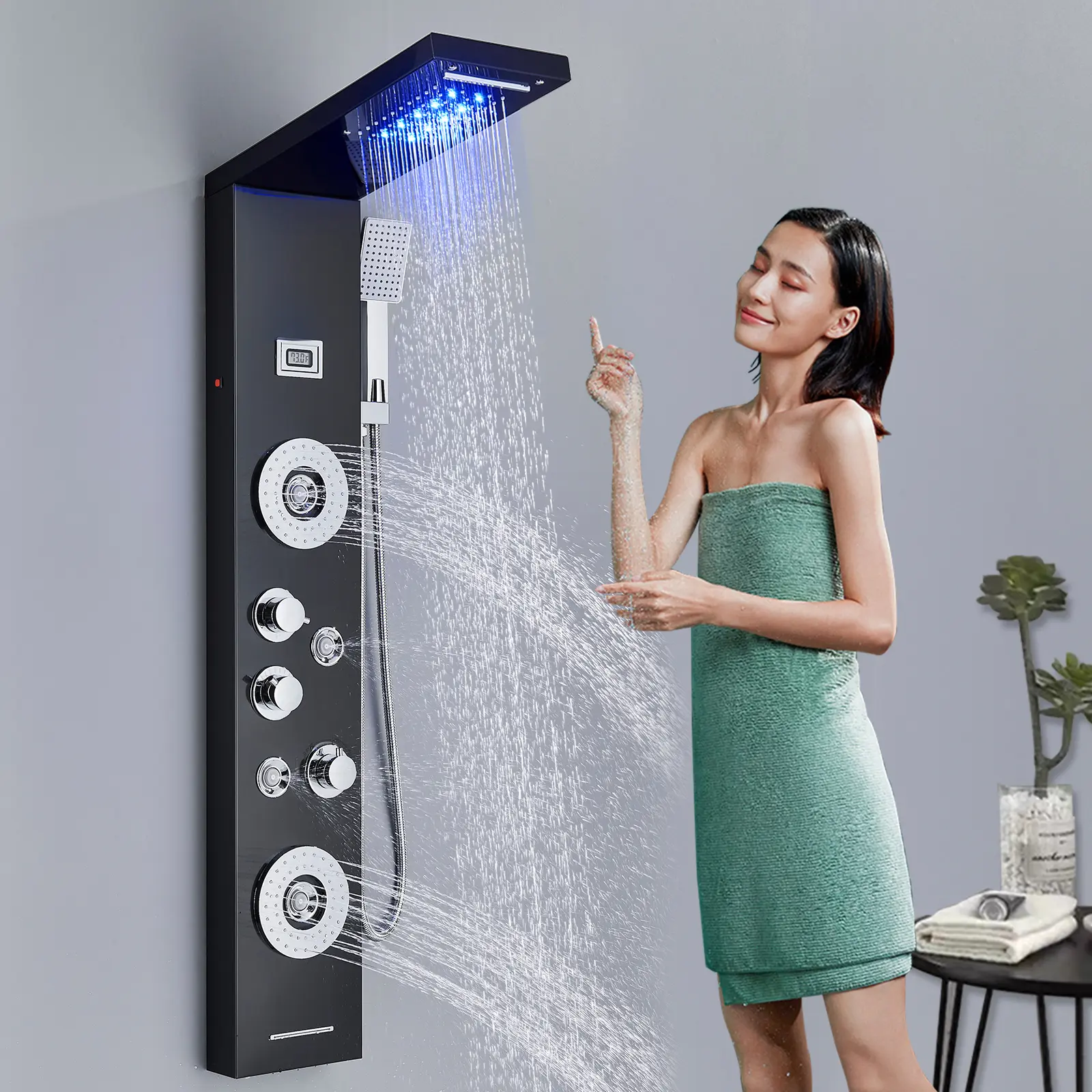 Black LED Shower Panel Tower System Rainfall Waterfall Shower Head Combo,5-Function Shower Column with Massage Body Jets Stainless Steel Shower Fixtures Wall Mounted
