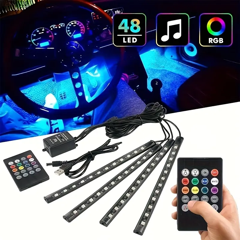 4Pcs 48 LED Strip Car Interior Decoration Kit - DC 12V Sound-Active Multicolor Music Light Tubes, Wireless Remote Controller, Dual Mode RGB Under-Dash Footwell Underglow Automotive Decor