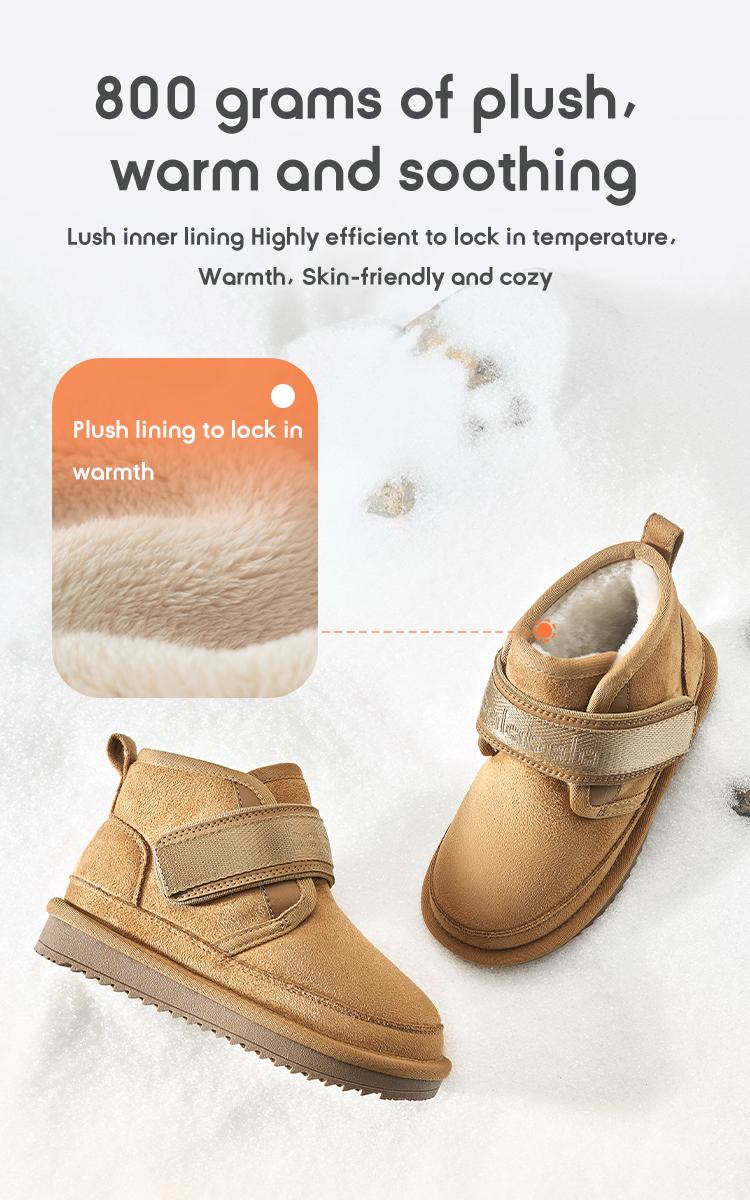 Balabala Winter Short Snow Boots Warm Plush Fleece Lining Anti-Slip TPR Sole Easy Velcro Water-Repellent Suede Stylish Cozy