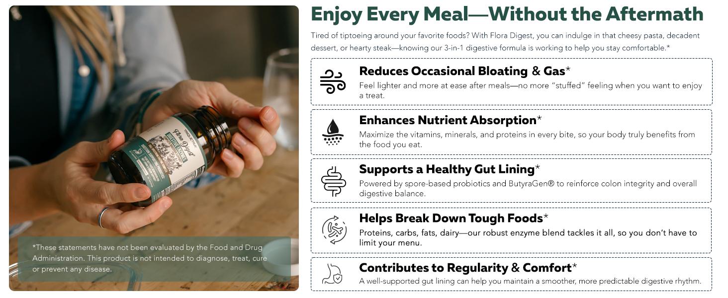 Flora Digest | 3-in-1 Digestive Enzymes, Probiotics & ButyraGen Postbiotic – Supports Digestive Comfort, Bloating Relief & Colon Health – 30 Capsules fitness dietary