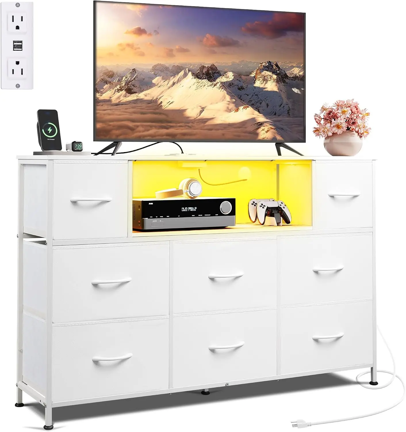 WLIVE LED Dresser TV Stand for 55 Inch TV, 8 Drawers, Fits TVs up to 55 inch, 8 fabric drawers, LED chest of drawers, Built-in power outlet, Living room or bedroom