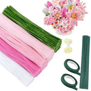 500 Pcs Pink Pipe Cleaners Craft 5-Colors Pipe Cleaners Chenille Stems Flowers Craft kit for DIY Handmade Bouquet Wrapping Party Decorations whit  Tape Stamens, Green Flower Sticks