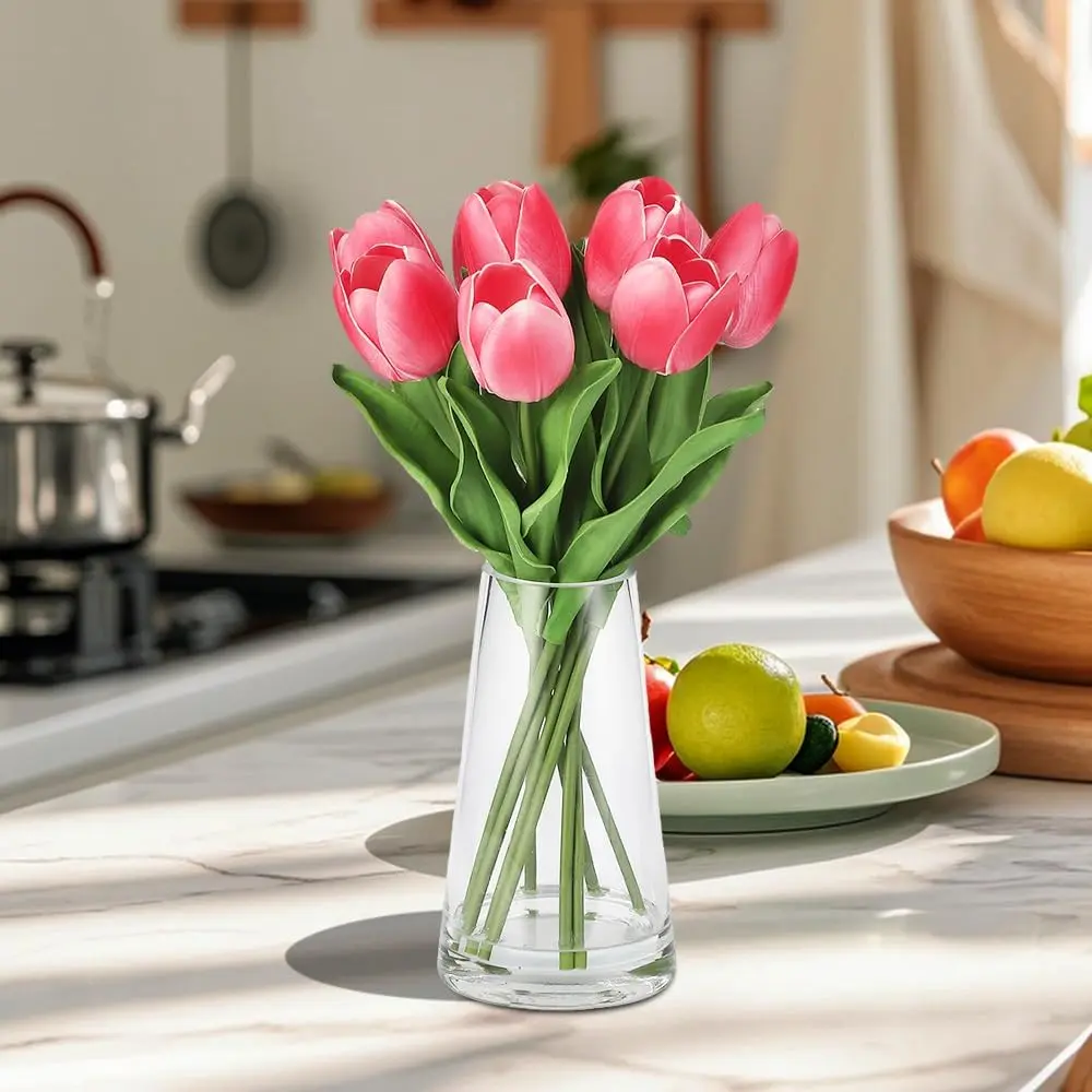 Gaomon Silk Tulip Bouquet - Photorealism Real-Touch Silk Fabric Flowers with Adjustable Plastic Stem, Natural Bud Details, Faux Water Glass Vase, Natural Look Floral Decor for Home Dining Table Centerpiece (Rose Red, Plants Included)