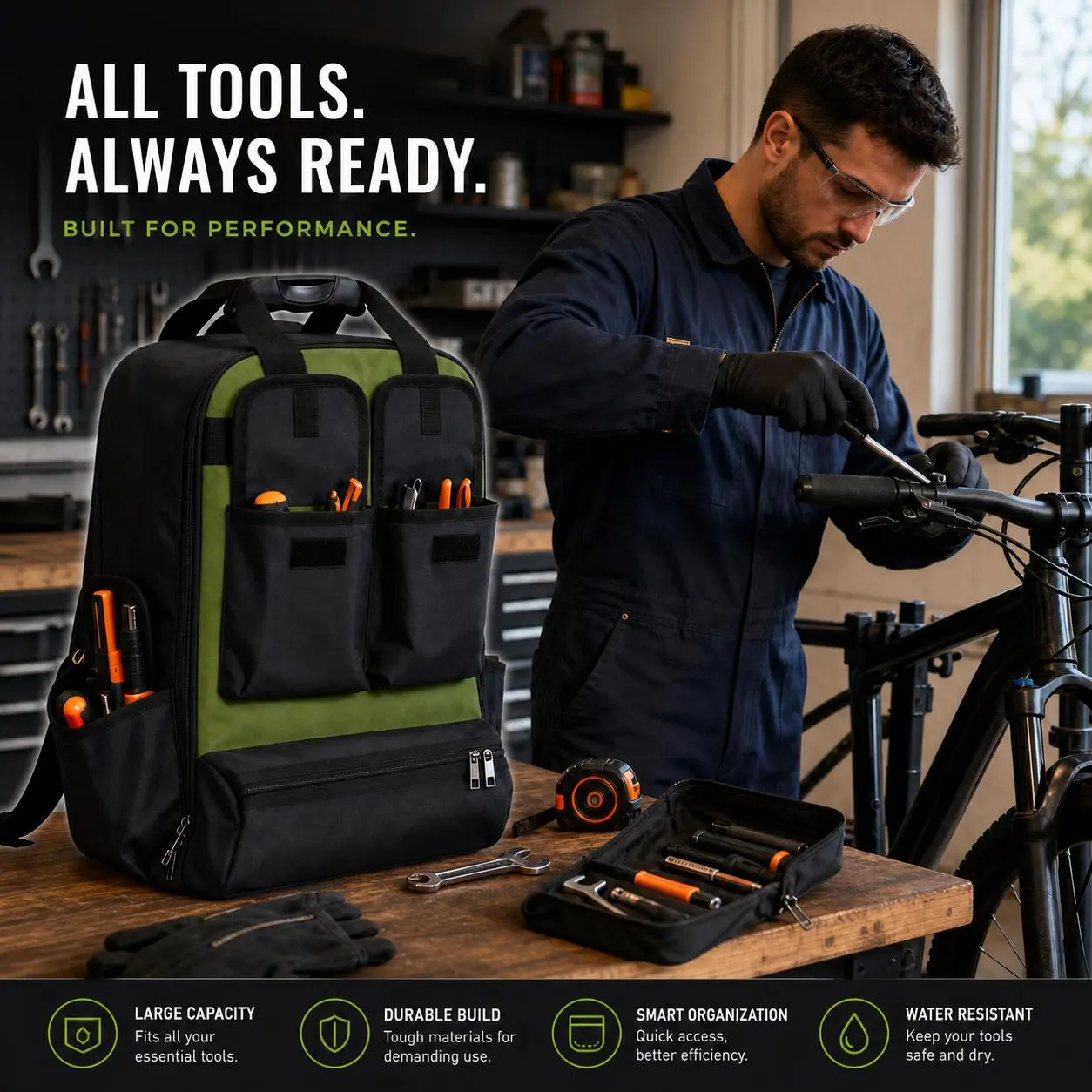 Garvee Heavy Duty Waterproof Tool Backpack Organizer – 18" Tool Bag with Molded Hard Bottom, Multiple Pockets, Laptop Compartment, Durable Oxford for Electricians, Mechanics, HVAC Technicians, Contractors – Black and Green