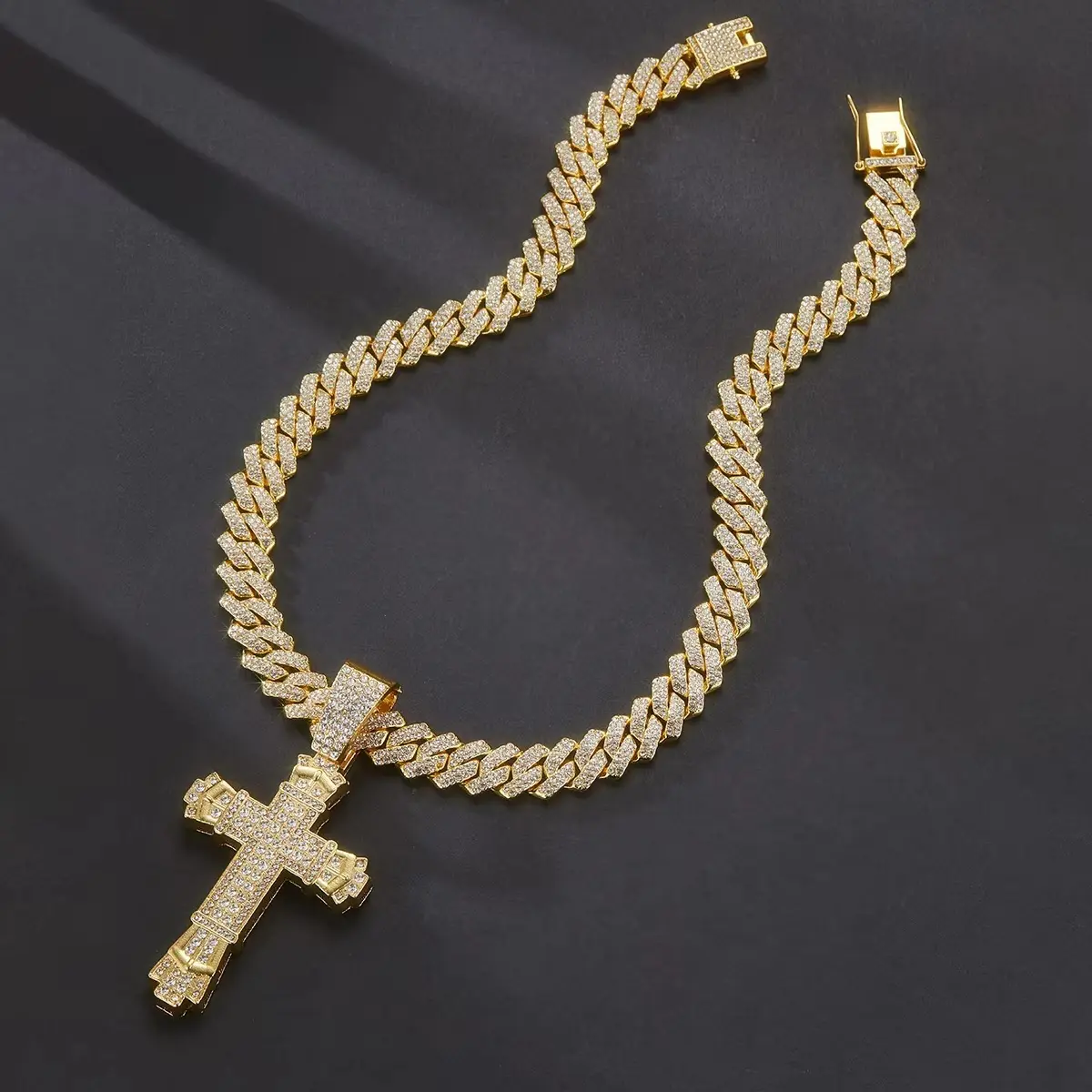 Iced Out Chunky Cuban Link Chain Necklace Double Layer Cross Pendant Hip Hop Jewelry For Men Women