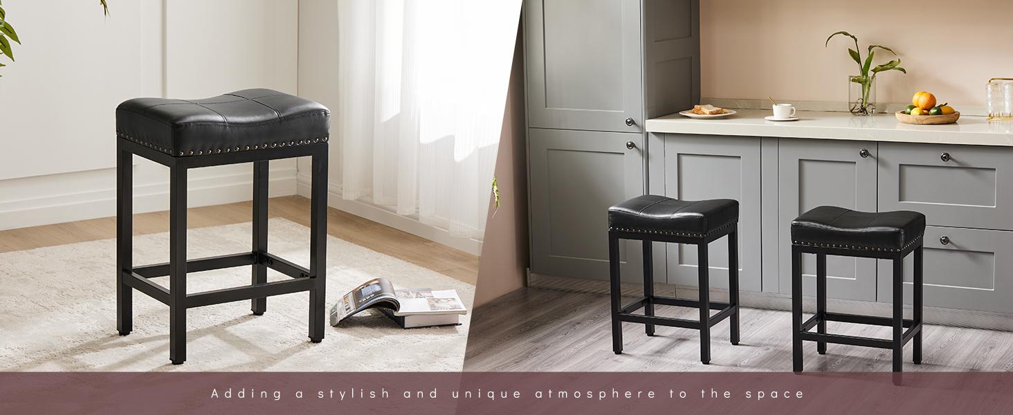 Furnest Set of 2 Bar Stools, 24 Inch Counter Height Saddle Stools, Modern Kitchen Barstools with Metal Base & PU Leather
