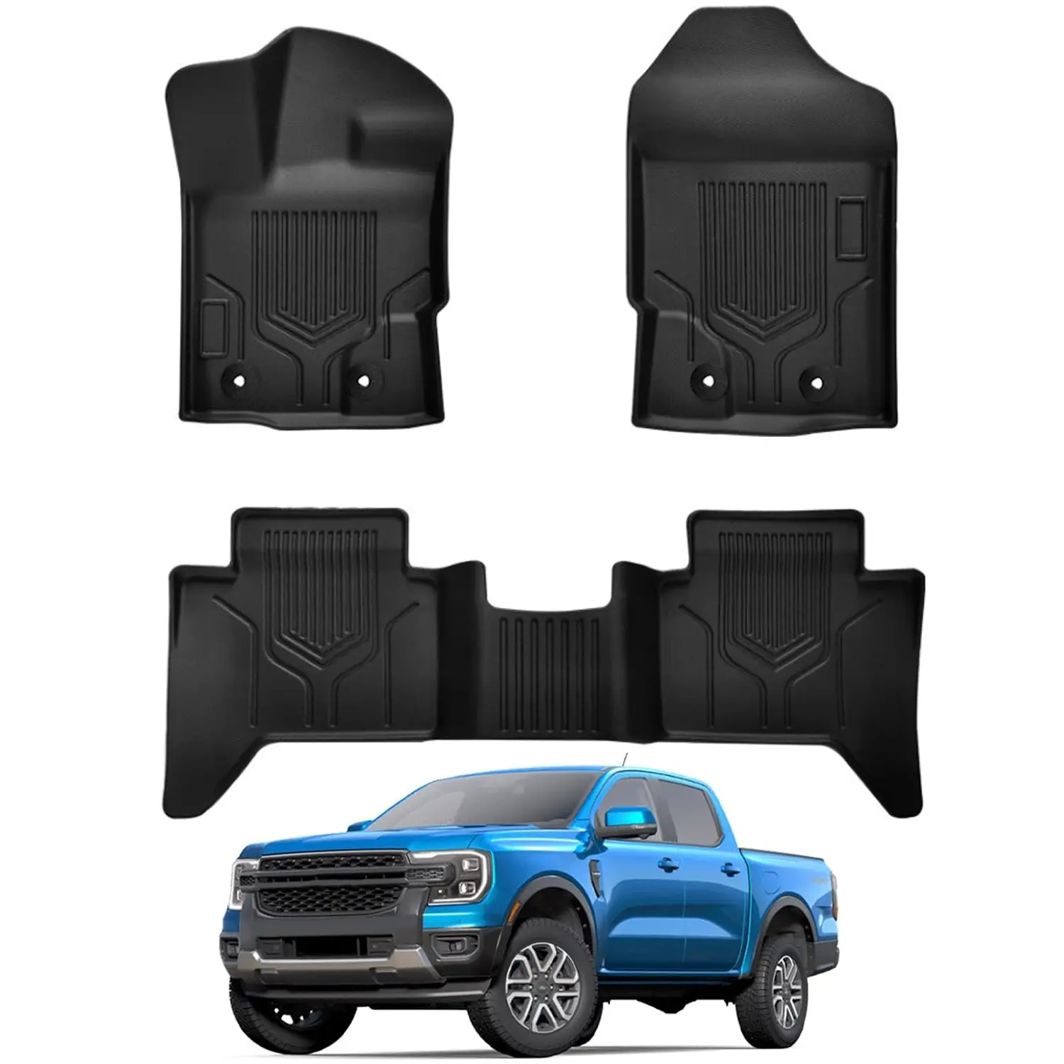 Canvcle Automotive Floor Mats - Custom-Fit Synthetic TPE Liners for 2019-2023 Ford Ranger Super Crew Cab, 3PCS Front & 2nd Seat Black Mats, Raised Edges, Waterproof Easy-to-Clean All-Weather Car Interior Accessory