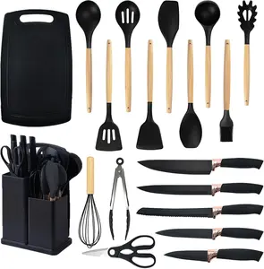 Wooden and silicone Cooking Utensils Set - 19 Piece Set with 11 Spatulas, 6 Sharp Knives and Scissors, Silicone Utensils & Cutting Board (Green, Pink, Black); home essentials