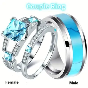 His and Her Couple Ring Aquamarine Zirconia Women's Marriage Engagement Ring and 8mm Stainless Steel Ring Men's Jewelry