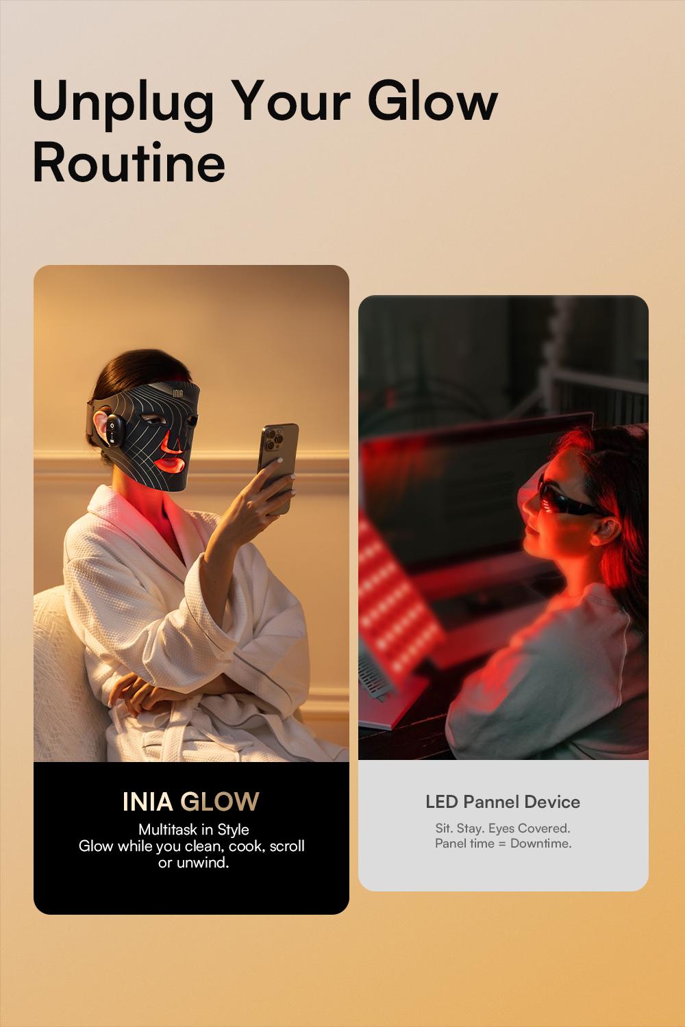 INIA GLOW Wireless LED Face Mask-with Red Light Therapy, 2-Year Warranty, Portable and Rechargeable for LED Facial Mask Skincare at Home and Travel, Best Valentine's Day Gift for Her