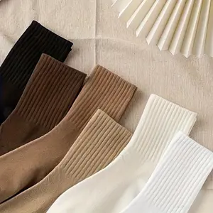 6-Pair Pile Up Socks Set in Neutral Colors​ – Black White Light Pink Off-White Light Brown Dark Brown, Ribbed Cuff Design, Soft Stretchy Fabric, All-Day Comfort, Versatile Matching Options, Casual Everyday Wear