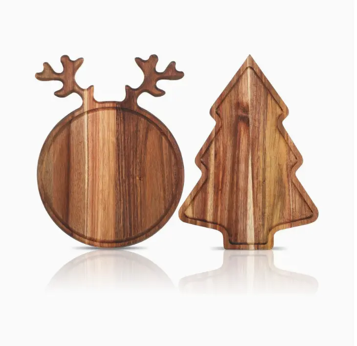 2-Piece Hardwood Kitchen Set - Antibacterial Rustic Chopping Board, Elk & Christmas Tree Design Dim Sum Plate, Holiday Gift for Friends, Natural Tannins Party Service Tableware, Elk Shape, One-Of-A-Kind Wood Grain Patterns