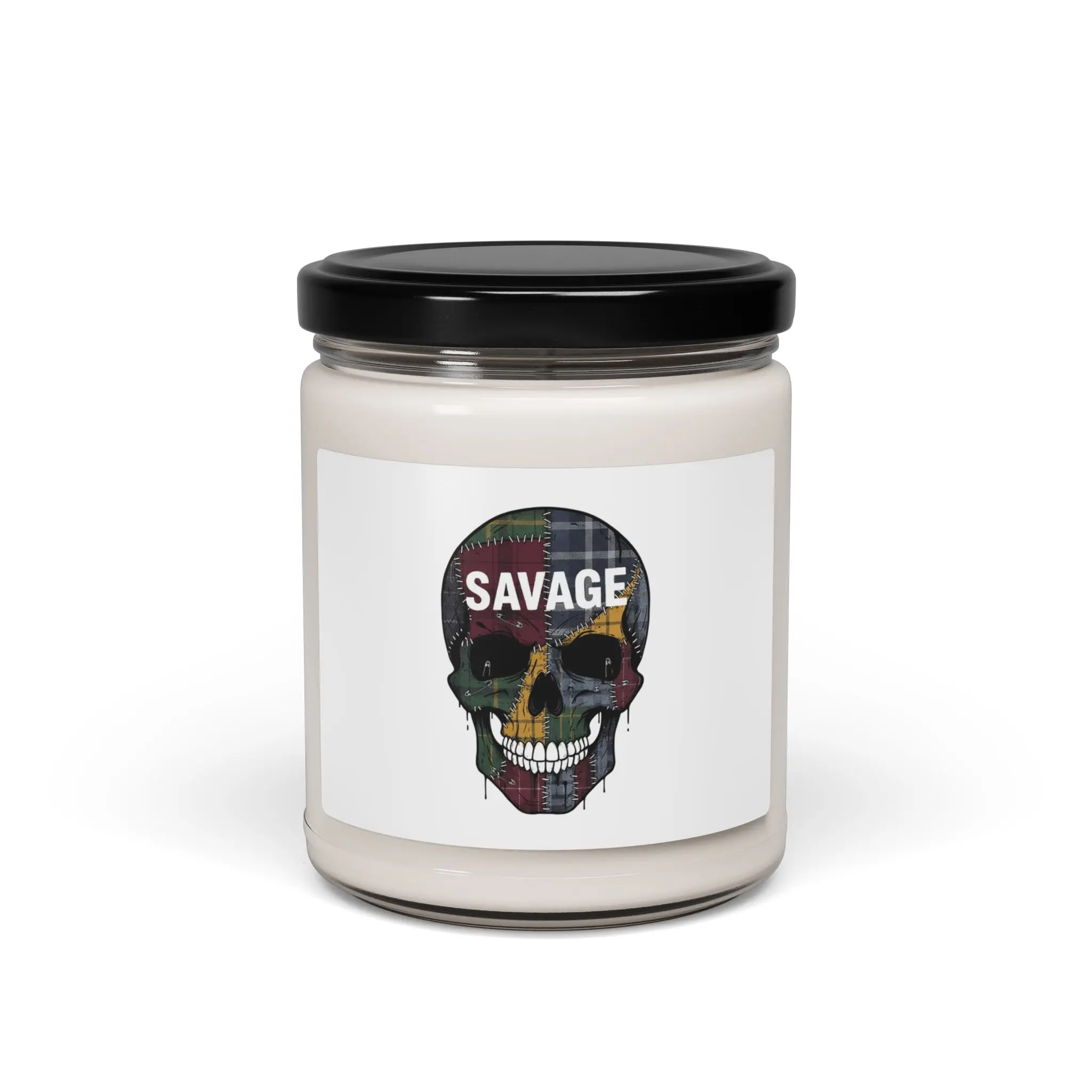 Savage Skull Soy Candle, 9oz - Grunge Plaid Patchwork, 90s Punk Aesthetic Home Decor Candle