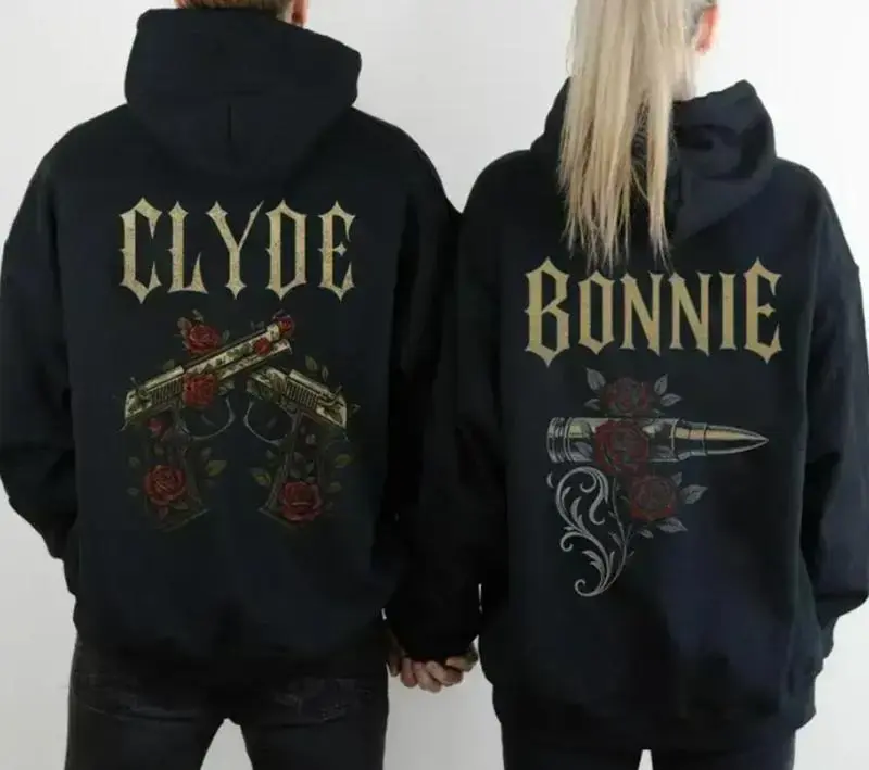 Bonnie & Clyde Matching Hoodies, Couple Outfits With Gun And Bullet Rose Design Hoodies, Street Style, Perfect Valentine’s