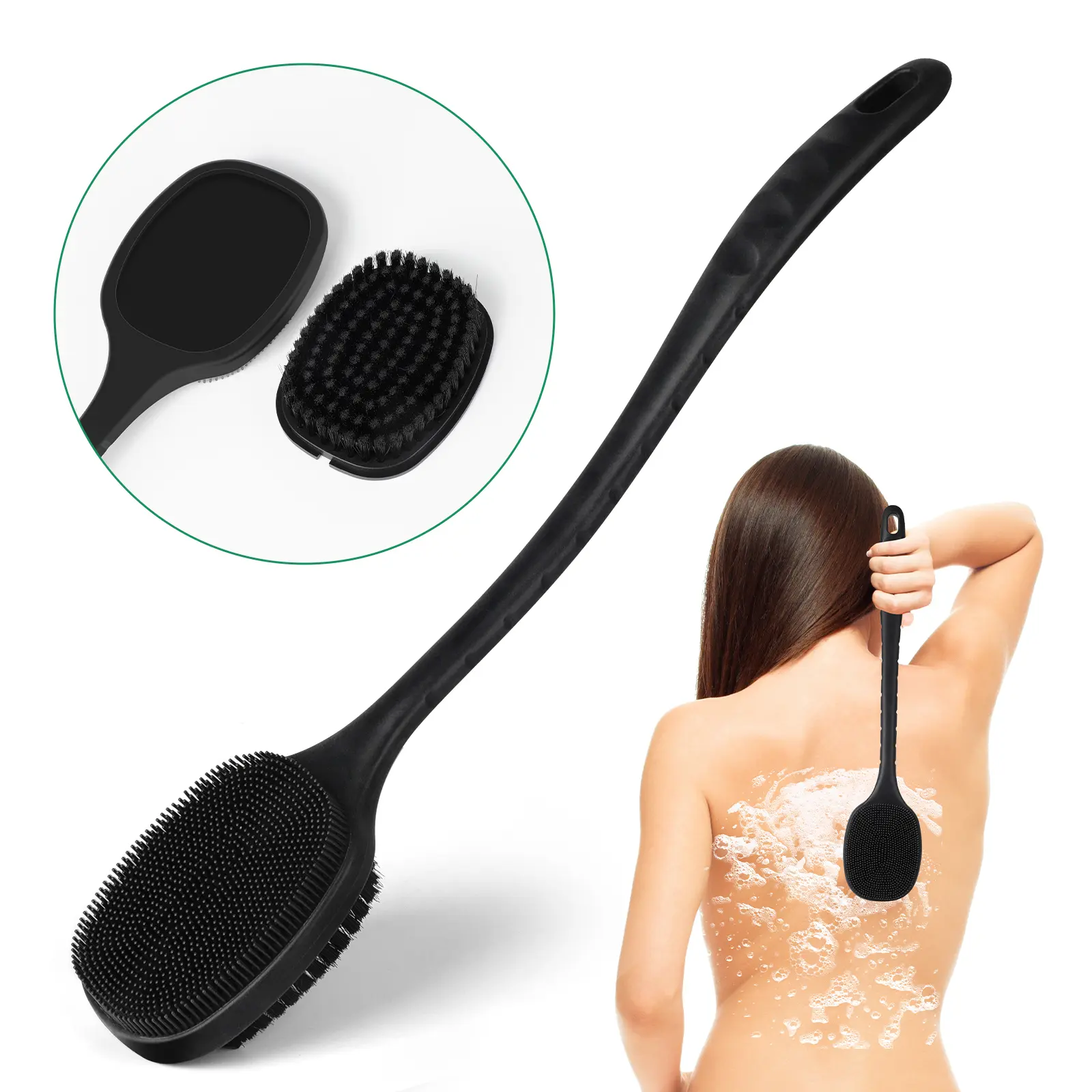 16.5” Long-Handled Silicone Back Brush - Exfoliating Back Scrubber, Dual-Sided Cleansing Body Shower Brush, Home & Travel Bath Tool Gift, Bathroom Accessory