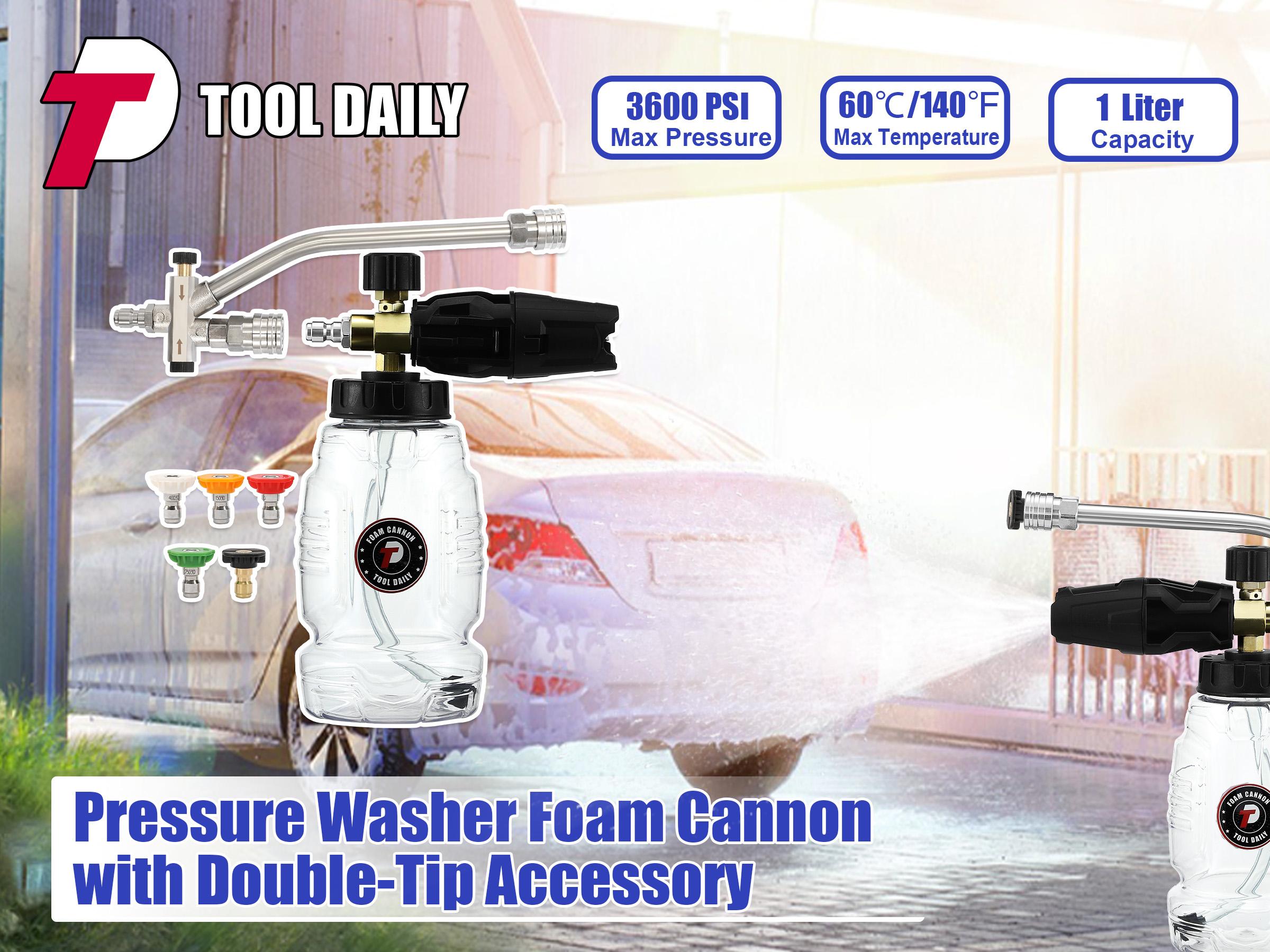 Tool Daily Pressure Washer Foam Cannon with Dual Connector Accessory, Double Tip Attachment for Soap Cannon, 5 Power Washer Nozzle Tips, 1/4” Quick Connect Tool Daily Pressure Washer Foam Cannon with Dual Connector Accessory, Double Tip Attachment for Soap Cannon, 5 Power Washer Nozzle Tips, 1/4” Quick Connect