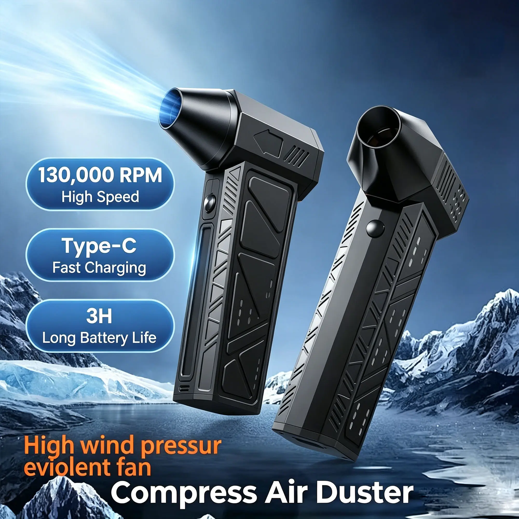Portable Handheld Turbo Blower, 130,000 RPM High-Speed Cordless Air Duster with Dual Nozzles, Battery Powered for Car Detailing & PC Electronics Cleaning, Battery Powered Blower Handheld, Cordless Jet Blower