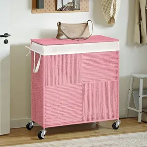 Laundry Hamper with Lid, Handwoven Rolling Laundry Basket with Wheels, 115L Dirty Clothes Hamper with Removable Liner Bag Large Capacity Laundry Sorter Laundry Room Organization,Pink