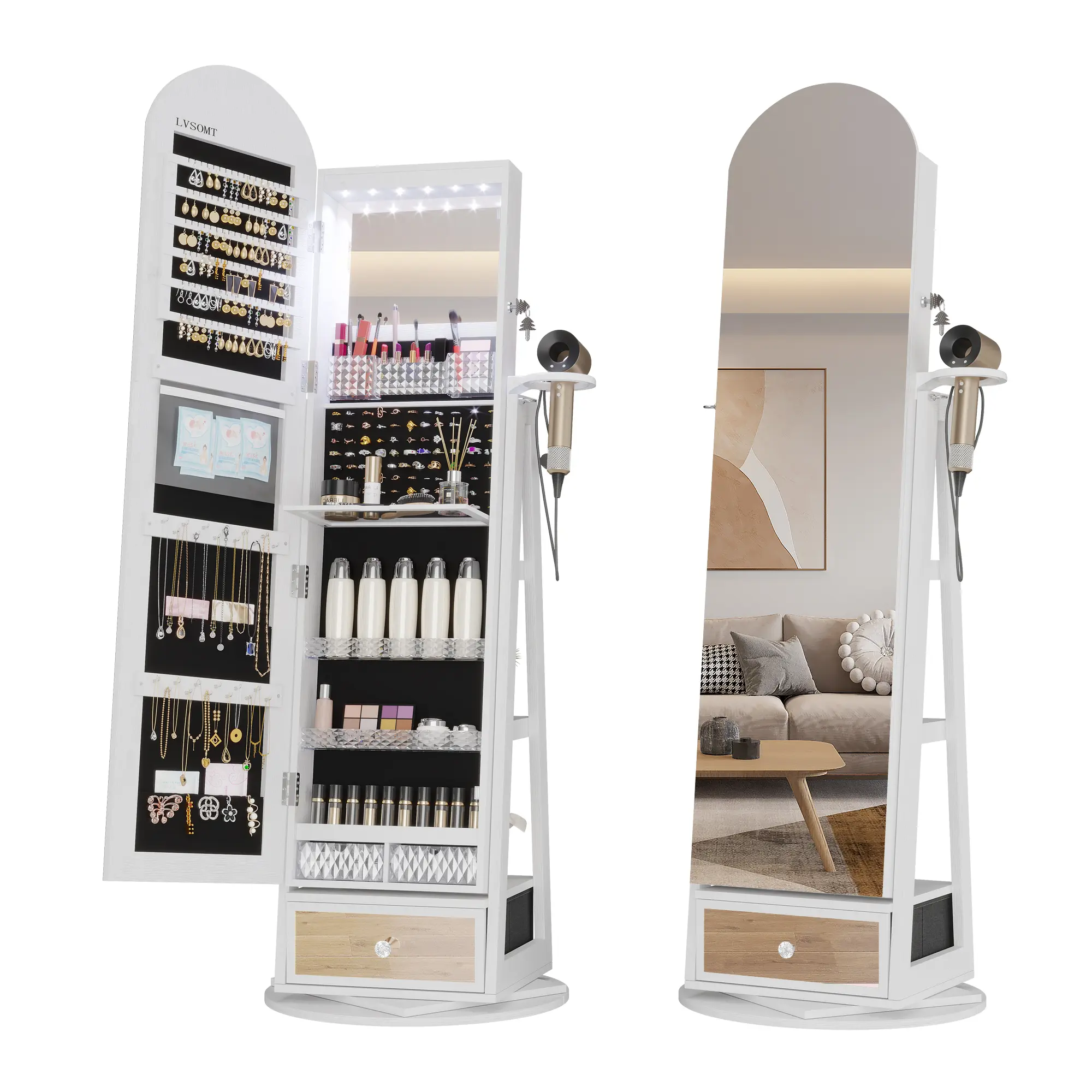 Vlsrka 64" H Arched LED Mirror Jewelry Cabinet Standing, 360° Swivel Full-Length Mirror with Storage, Lockable Jewelry Organizer with Inner Makeup Shelf, Gift for Women