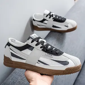 CORASUN Men's Retro Leather and Mesh Spliced Casual Sneakers, Breathable Lightweight Walking Shoes for Office, School and Daily Travel, White/Blue