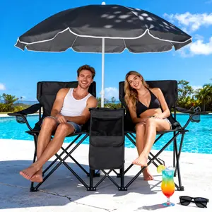 Double Camping Chair With Umbrella,Beach Canopy Shade Folding Loveseat Chairs Carrying Bag Table Cup Holder Portable Outdoor Picnic Patio Holder Side Pocket For Camp Tailgates Fishing - Support 330 Lbs (Black)Fashion Fabric Oxford Fabric 59*19.6*31in