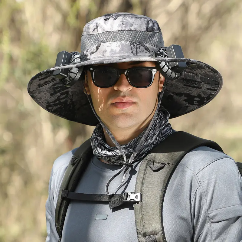 Solar Fan Hat with Dual Cooling Fans, UPF 50+ Wide Brim Sun Hat (USB Rechargeable). UV Protection Bucket Hat for Fishing, Gardening, Construction and Outdoor Work. Breathable Summer Cooling Gift - Perfect Father's Day Gift