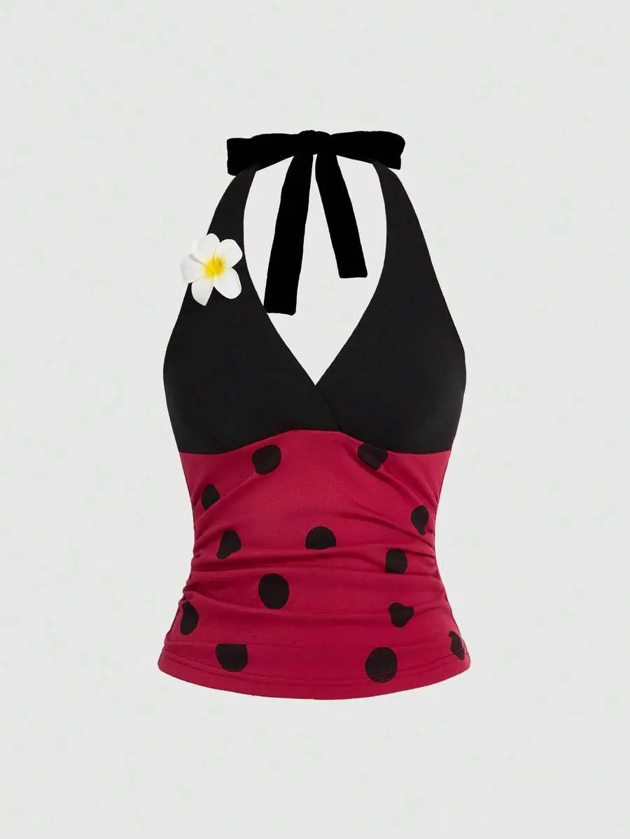 Kawaii Women's Cute Ladybug & Daisy Decor Halter Neck Tank Top, Suitable For Cosplay
